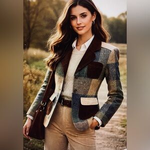 Vintage Newport News Patchwork Tweed Brown Oversized Corduroy Jacket Size 12